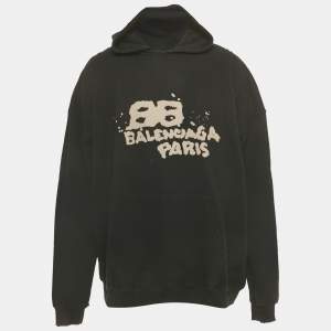 Pre Owned Balenciaga Black Printed Cotton Distressed Hoodie M