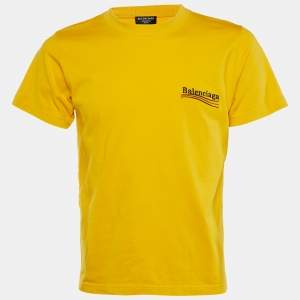 Pre Owned Balenciaga Yellow Campaign Logo Embroidered Cotton Small Fit T-Shirt M