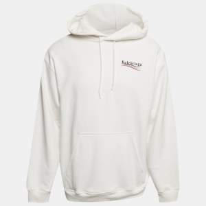 Pre Owned Balenciaga White Logo Print Cotton Hoodie M