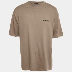 Pre Owned Balenciaga Unisex Tan Brown Logo Embroidered Cotton T-Shirt M