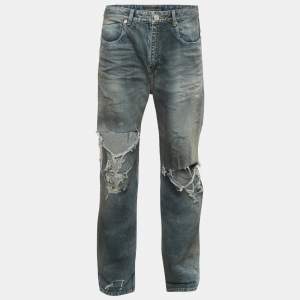 Pre Owned بنطلون جينز ديستريسد متسخ بالنسياجا أزرق للجنسين مقاس وسط 32"