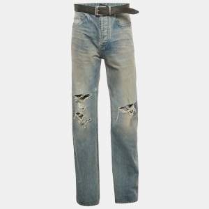 Pre Owned بنطلون جينز بحزام ممزق دنيم أزرق بالنسياجا للجنسين مقاس وسط 32"