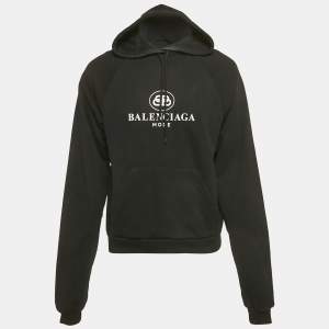 Pre Owned Balenciaga Black Logo Print Cotton Hoodie XS
