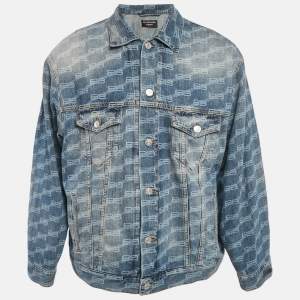 Pre Owned Balenciaga Unifit Blue Logo Pattern Denim Oversized Jacket S