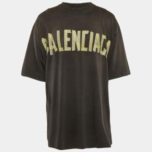 Pre Owned Balenciaga Unisex Grey Logo Tape Print Jersey Distressed T-Shirt XXL