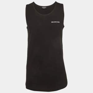 مملوكة مسبقًا Balenciaga Black Logo Embroidered Cotton Knit Tank Top XS