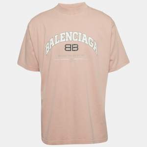 مملوكة مسبقًا Balenciaga Light Pink Logo Printed Cotton Knit Distressed T-Shirt S