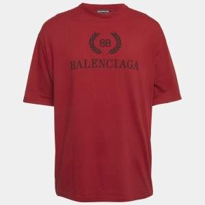 Pre Owned Balenciaga Red Logo Print Jersey T-Shirt L
