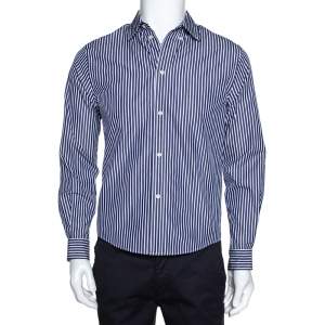 Pre Owned Balenciaga Navy Blue Logo Print Striped Cotton Shrunken Shirt M