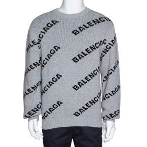 Balenciaga Grey Wool Blend Allover Logo Crew Neck Sweater M