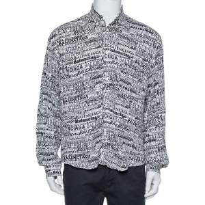 Pre Owned Balenciaga Monochrome Logo Printed Crepe Button Front Shirt S