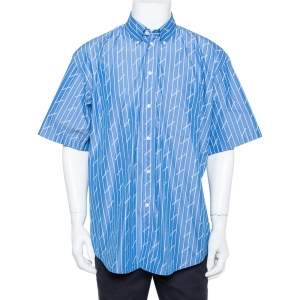 Balenciaga Blue Striped Cotton All Over Logo Print Button Front Shirt L