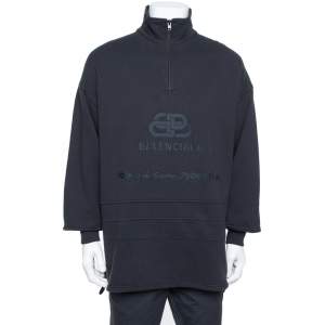 Balenciaga Dark Grey Cotton Logo Embroidered Drop Shoulder Oversized Sweatshirt M