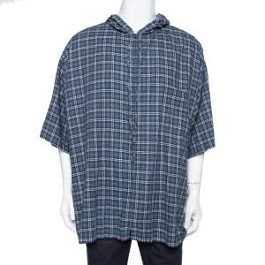 Balenciaga Navy Blue Plaid Flannel Oversized Hooded Jacket XXS