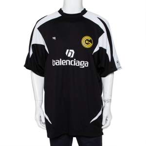 Balenciaga Black Logo Printed Jersey Paneled Soccer T-Shirt M