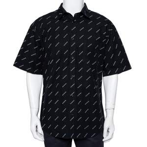 Balenciaga Black Cotton All Over Logo Printed Oversized Shirt L