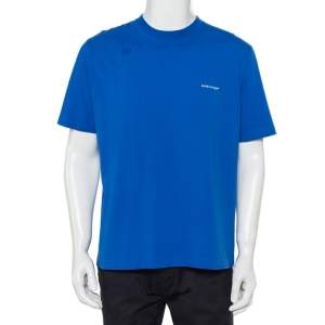 مملوكة مسبقًا Balenciaga Blue Logo Printed Cotton Crewneck T-Shirt XXL