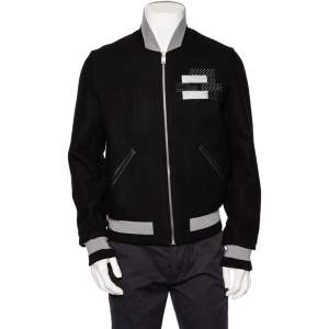 Balenciaga Black Stretch Wool Applique Detail Bomber Jacket L