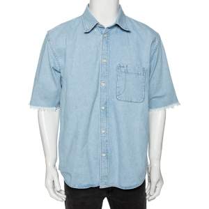 Balenciaga Blue Denim Frayed Detail Button Front Shirt S