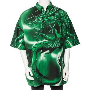 Pre Owned Balenciaga Green Bal Dragon Printed Cotton Padded Oversized Shirt S