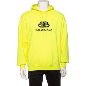 Balenciaga Neon Yellow Cotton Logo Printed Oversized Hoodie M