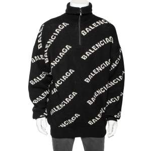 Balenciaga Black Allover Logo Wool & Camel Knit Oversized Sweater L