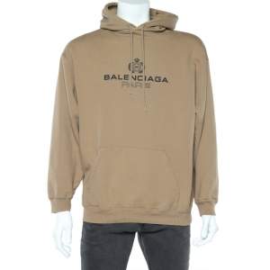 Balenciaga Light Brown Logo Printed Cotton Knit Hoodie L