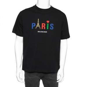 Balenciaga Black Paris Eiffel Tower Printed Cotton Oversized Crew Neck T-Shirt M