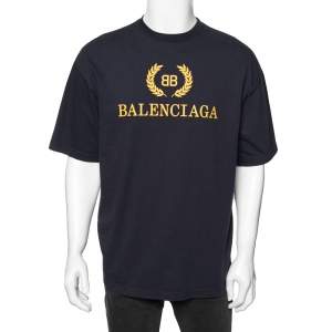 Balenciaga Navy Blue Logo Printed Crew Neck Short Sleeve T-Shirt M