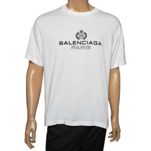 Balenciaga White Cotton Logo Printed Crew Neck T-Shirt L