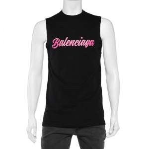 Balenciaga Black Knit Glossy Logo Print Sleeveless T-Shirt XS