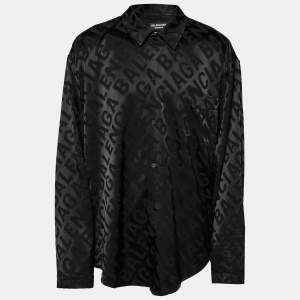 Balenciaga Black Satin Allover Logo Oversized Long Sleeves Shirt M