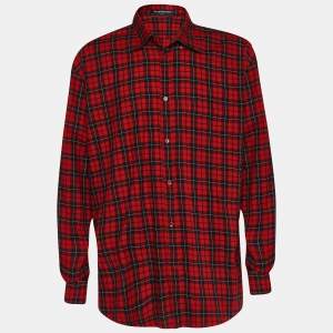 Balenciaga Red Checked Cotton Logo Print Oversized Shirt L