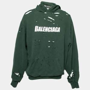 Balenciaga Green Logo Printed Distressed Cotton Oversized Hoodie S