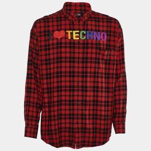 Balenciaga Red Plaid 'I Love Techno' Embroidered Oversized Shirt S