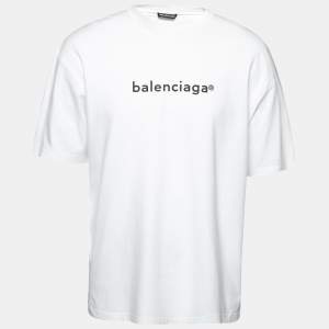 Balenciaga White Cotton Logo Printed Short Sleeve T-Shirt M