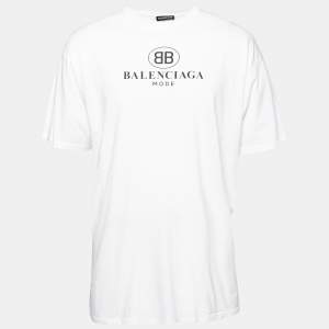 Balenciaga White BB Mode Print Cotton Crew Neck T-Shirt L
