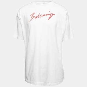 Pre Owned Balenciaga White Cotton Logo Printed Oversized T-Shirt S