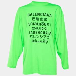 Pre Owned Balenciaga Neon Green Logo Printed Cotton Long Sleeve Oversized T-Shirt S