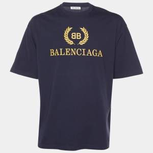 Balenciaga Navy Blue Logo Printed Cotton Knit Oversized T-Shirt S