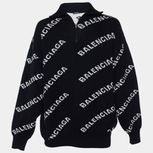 Balenciaga Black Allover Logo Intarsia Knit Zip Detail Turtleneck Sweater M