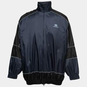 Pre Owned Balenciaga Navy Blue/Black Synthetic Zip-Up Windbreaker Jacket XS