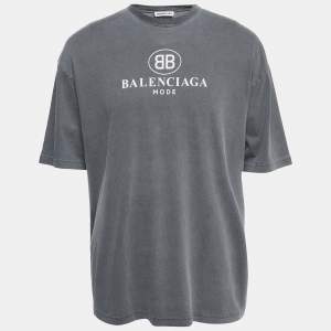 Pre Owned Balenciaga Anthracite Grey Logo Print Cotton Oversized T-Shirt L
