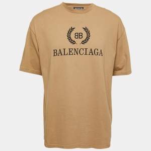 Balenciaga Camel Beige Logo Print Cotton Oversized T-Shirt S