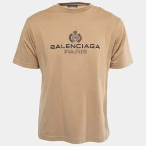 Pre Owned Balenciaga Brown Cotton Logo Print T-Shirt XXS