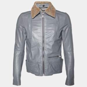 Pre Owned Balenciaga Grey Leather & Fur Collar Zip Front Jacket M