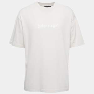 Balenciaga Beige Logo Print Cotton Crew Neck Half Sleeve T-Shirt XL