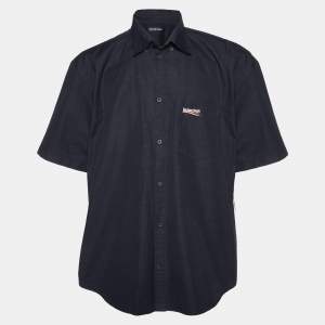 Balenciaga Black Cotton Logo Embroidered Pocket Detail Short Sleeve Shirt L