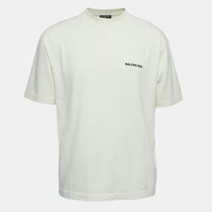 Balenciaga Cream Logo Embroidered Cotton Half Sleeve T-Shirt XS