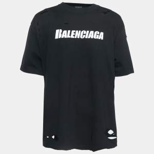 Pre Owned Balenciaga Black Distressed Ripped Cotton Logo Print T-Shirt M